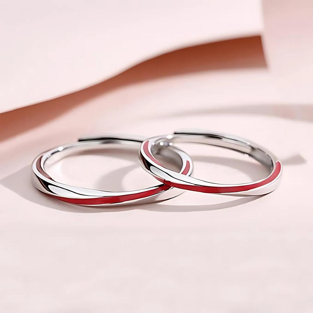 Coppia di Anelli "Filo Rosso" del Destino in Argento Sterling