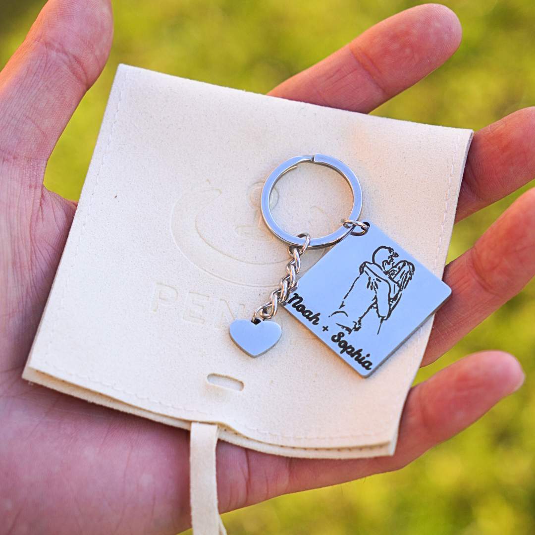 Porte-clés carré personnalisé avec photo de couple gravée