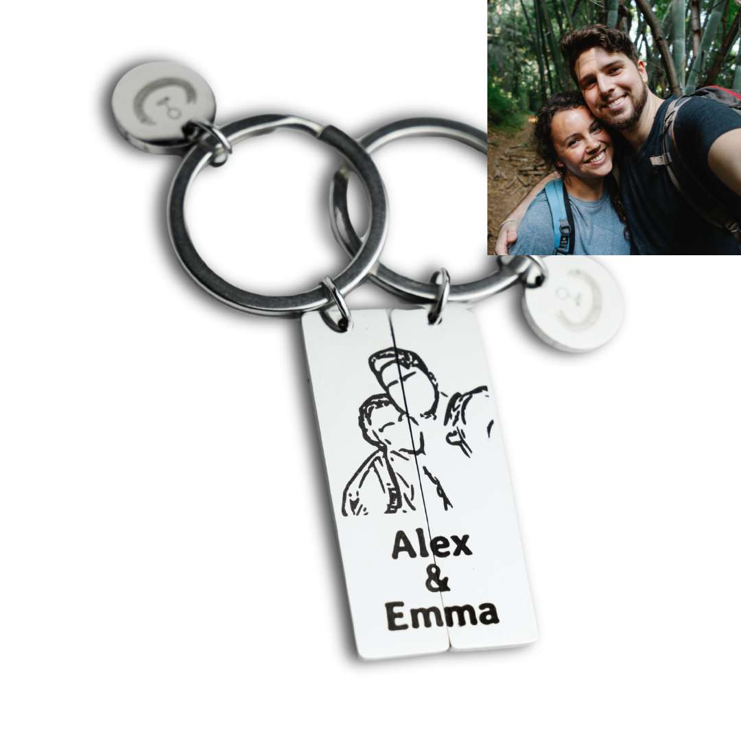 2 Personalisierte Schlüsselanhänger im Set mit eingraviertem Foto des Paares