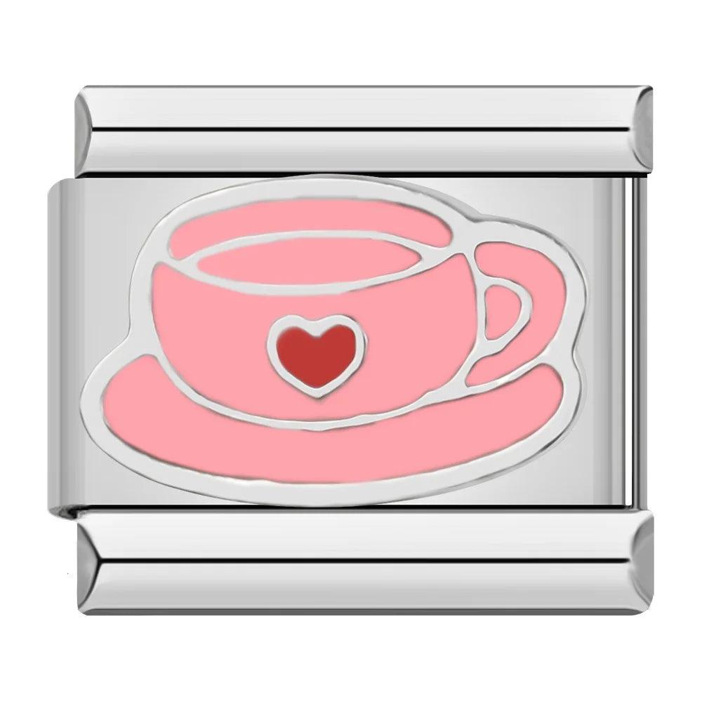 Charm - Tazza di Caffè Rosa, Cuore Rosso, su Argento