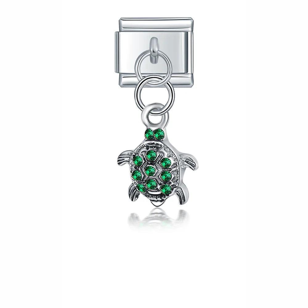 Charm - Tartaruga con Pietre Verdi, su Argento