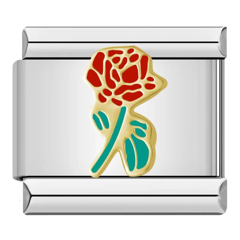 Charm - Rosa rossa intera con il suo gambo verde